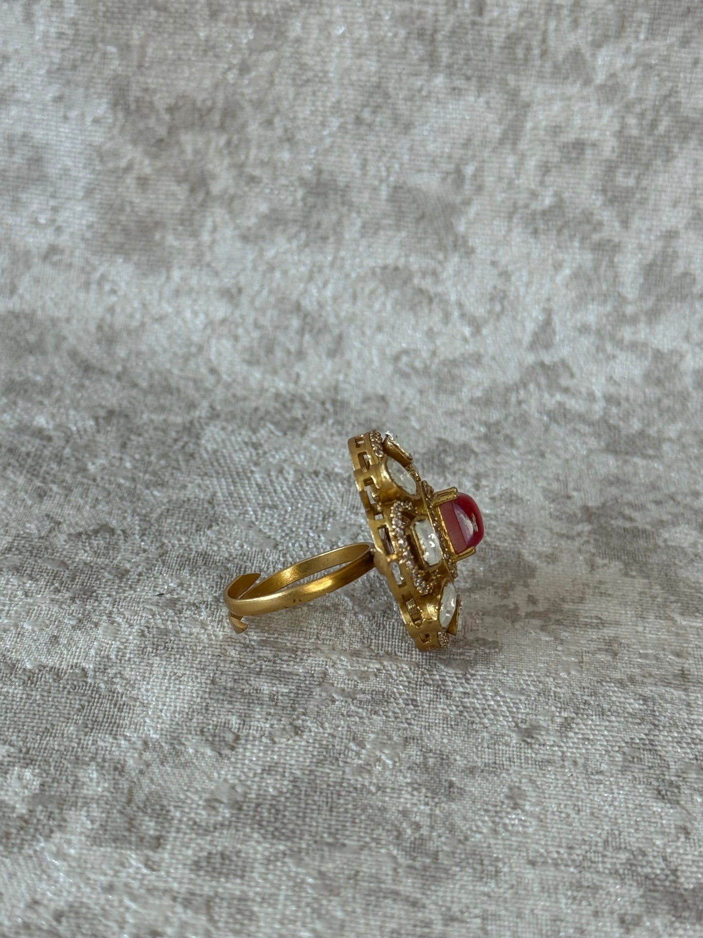 Ruby Red Kundan Polki Adjustable Ring | Traditional Indian Ethnic Statement Piece