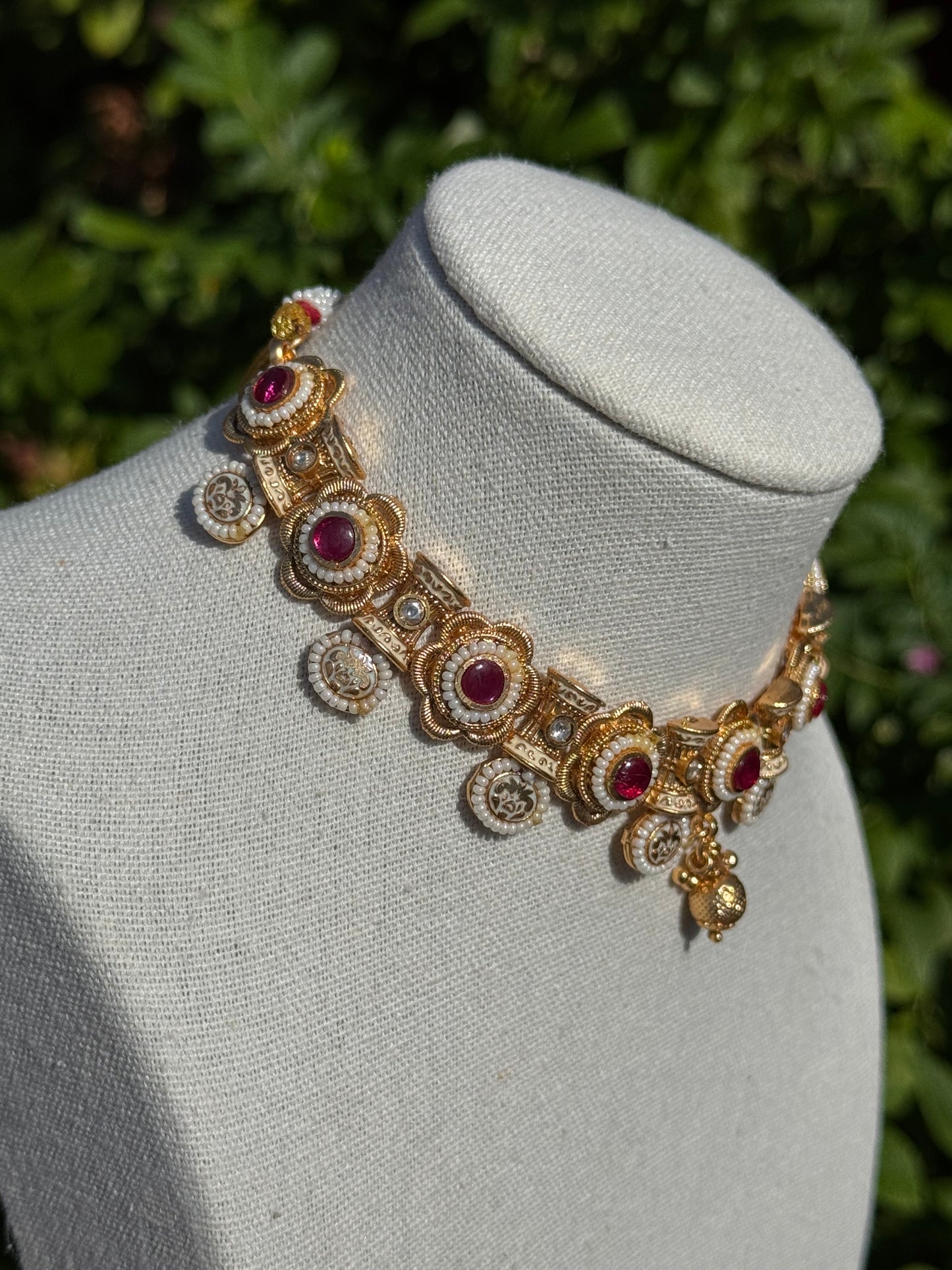 Regal Pota Stone Choker Necklace Set with Jhumka Earrings | Traditional Indian Gold Tone Jewelry