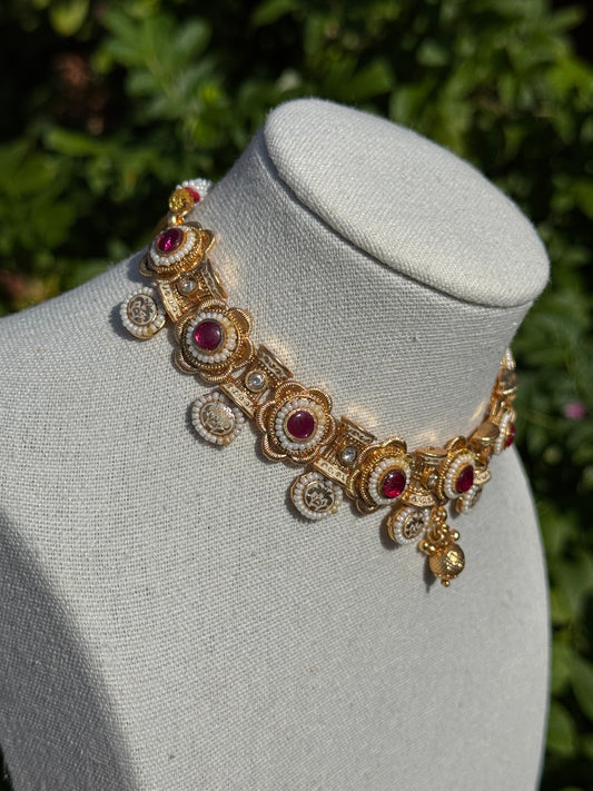 Regal Pota Stone Choker Necklace Set with Jhumka Earrings | Traditional Indian Gold Tone Jewelry