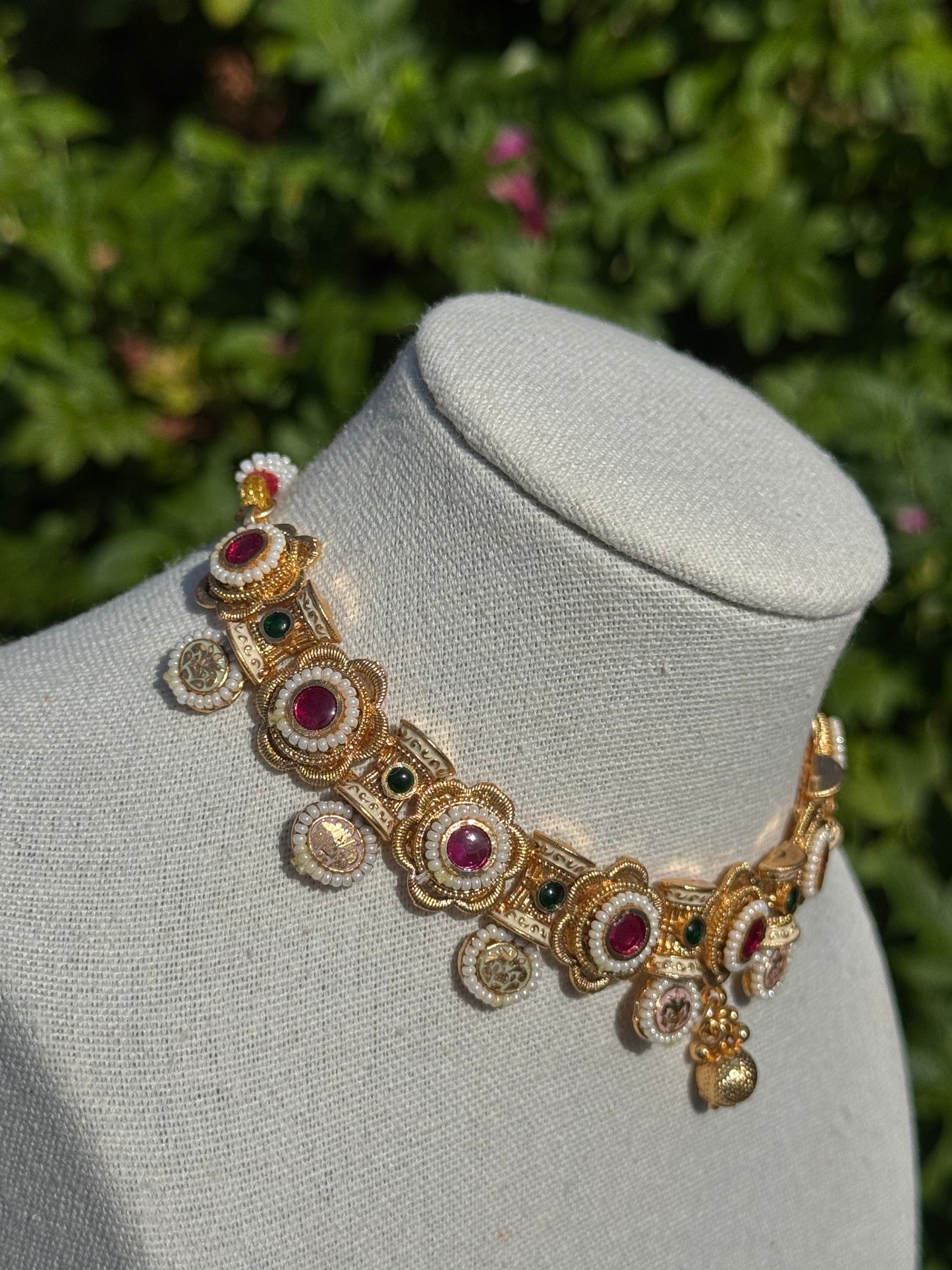 Regal Pota Stone Choker Necklace Set with Jhumka Earrings | Traditional Indian Gold Tone Jewelry